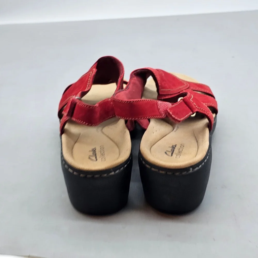 Clarks Collection Red Nubuck Leather Slingback Wedge Sandals Womens Size 12 M